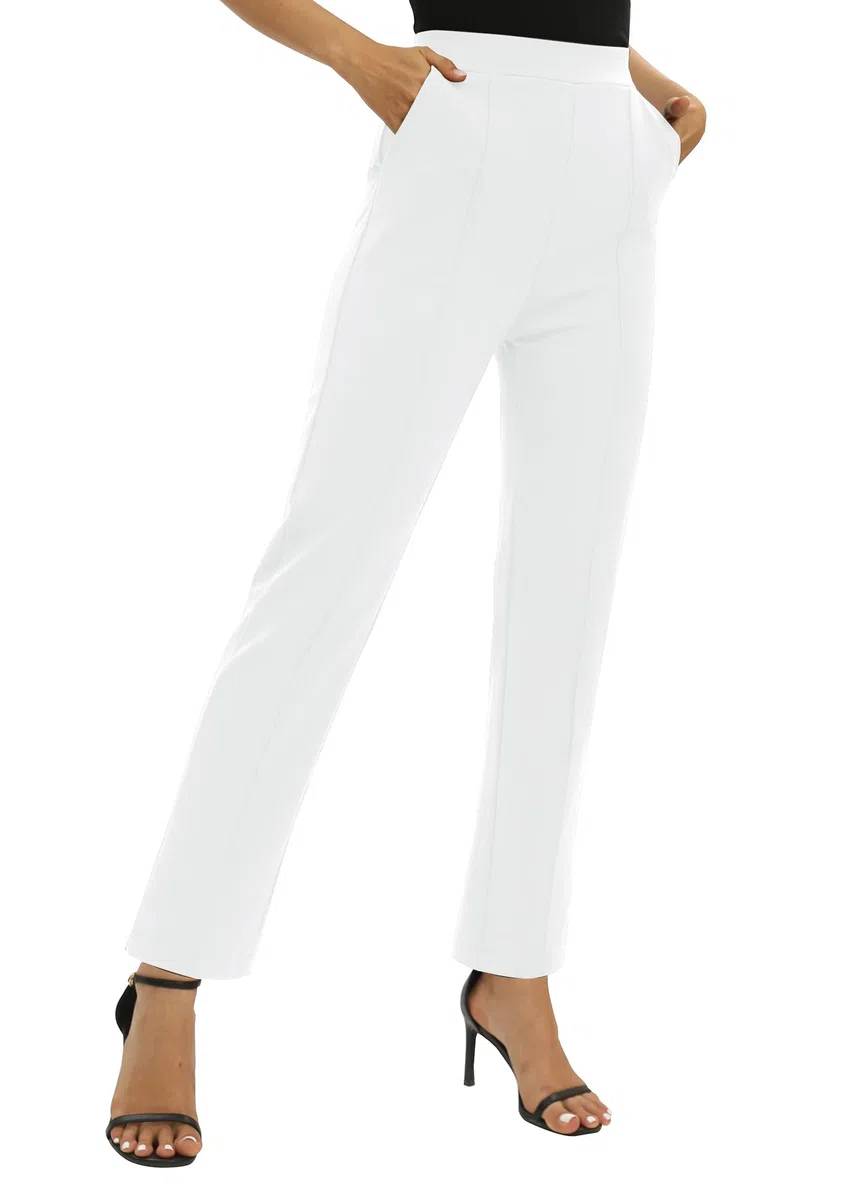 EXCHIC Donne Ufficio Casual Elastico Alta Vita Gamba Dritta Pantaloni con Tasche