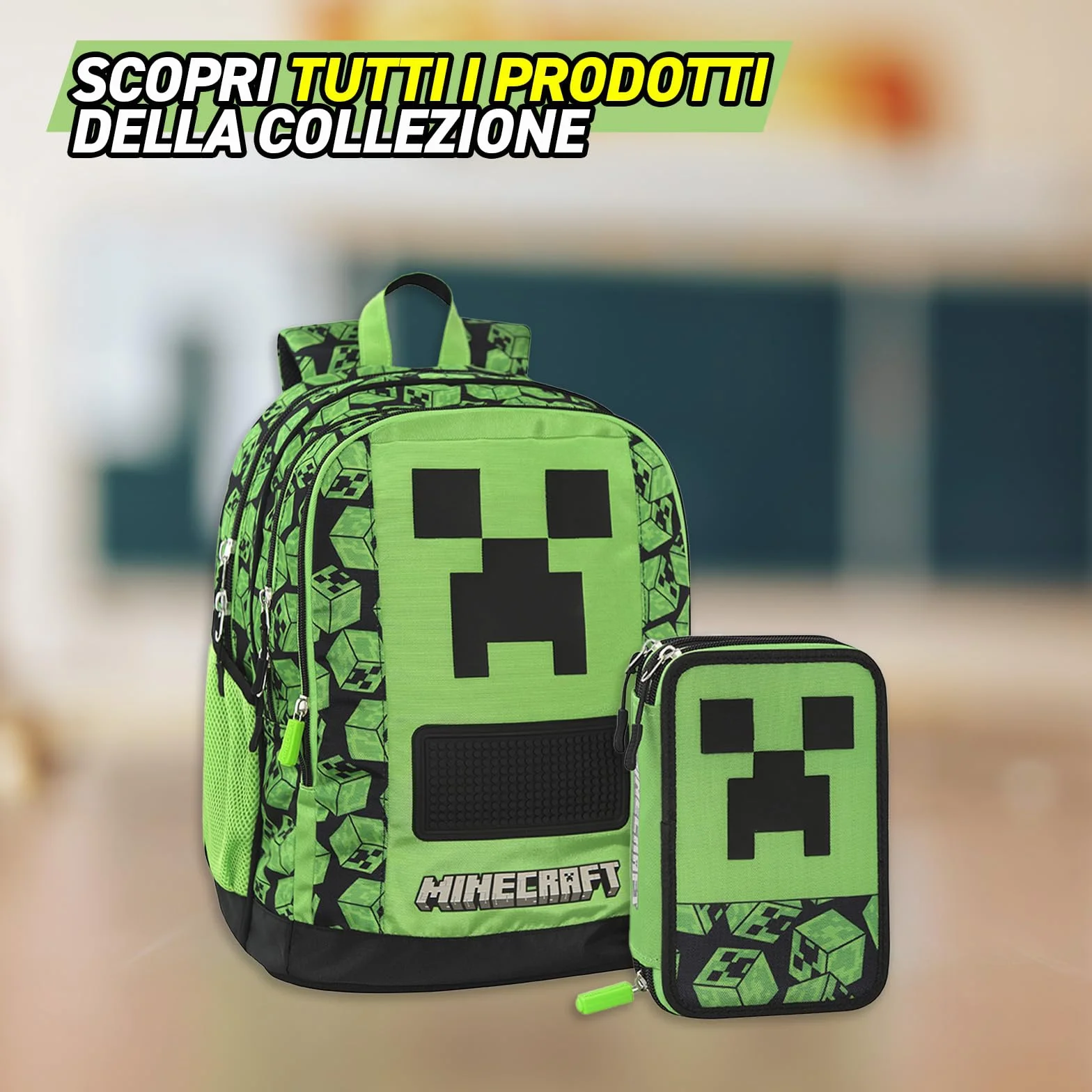 MINECRAFT - Astuccio Scuola Ufficiale Minecraft, Astuccio 3 Scomparti Bambini e Ragazzi con Set Cancelleria Incluso, 5 Etichette Adesive Portanome e Pratica Chiusura a Zip, 13x20Hx7 cm