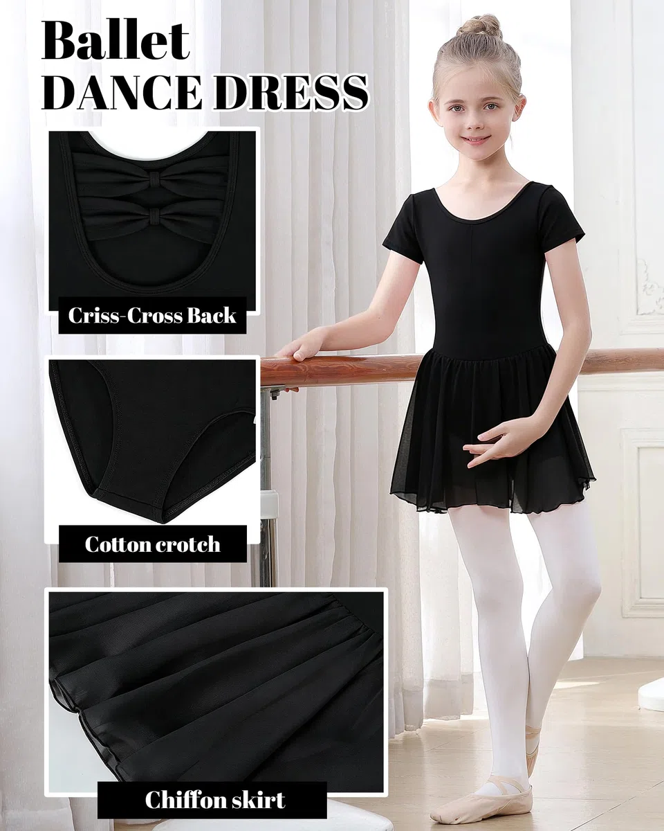 Ragazza Vestito da Balletto,Body da Balletto a Maniche Corte per Bambine, Body da Balletto in Cotone e Abito da Danza per Bambine con Gonna in Chiffon