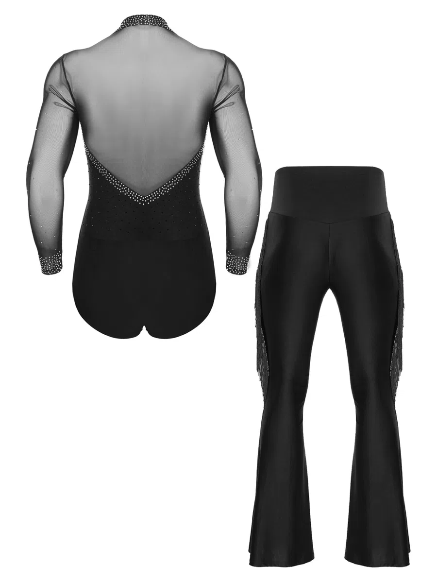 Completo da Ballo Latino Americano Uomo Camicia Body da Ginnastica Leotard con Strass e Nappa Pantaloni a Zampa Vestito da Ballo Valzer Samba Rumba Dancewear