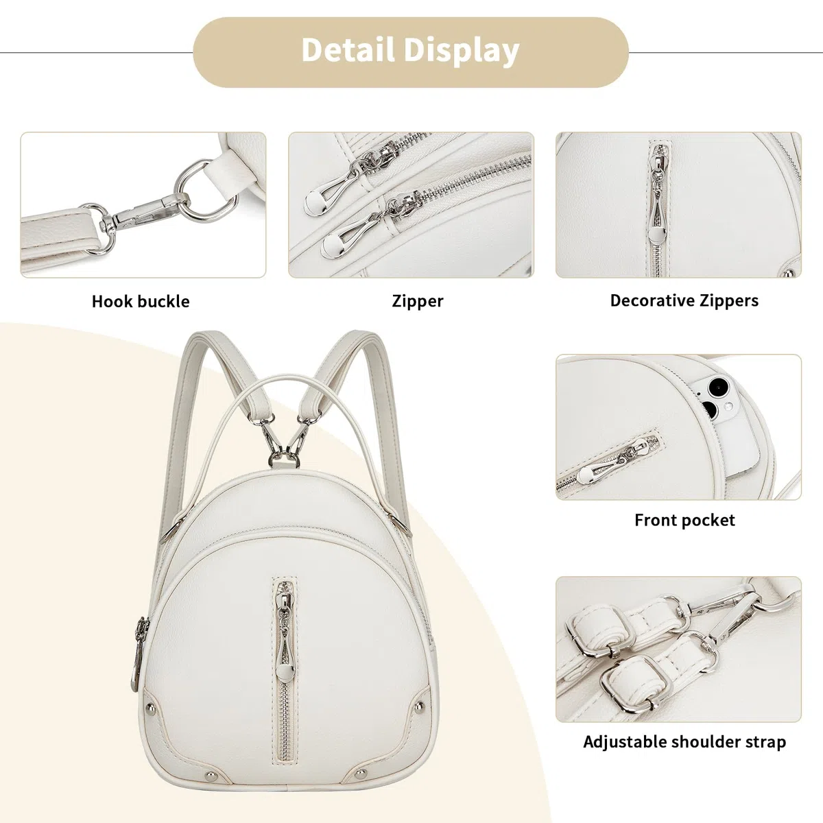 Miss Lulu Zaino Donna in Pelle PU Impermeabile, Zaino da Viaggio Piccolo e Leggero con Cinturino Rimovibile, 4 Tasche con Zip