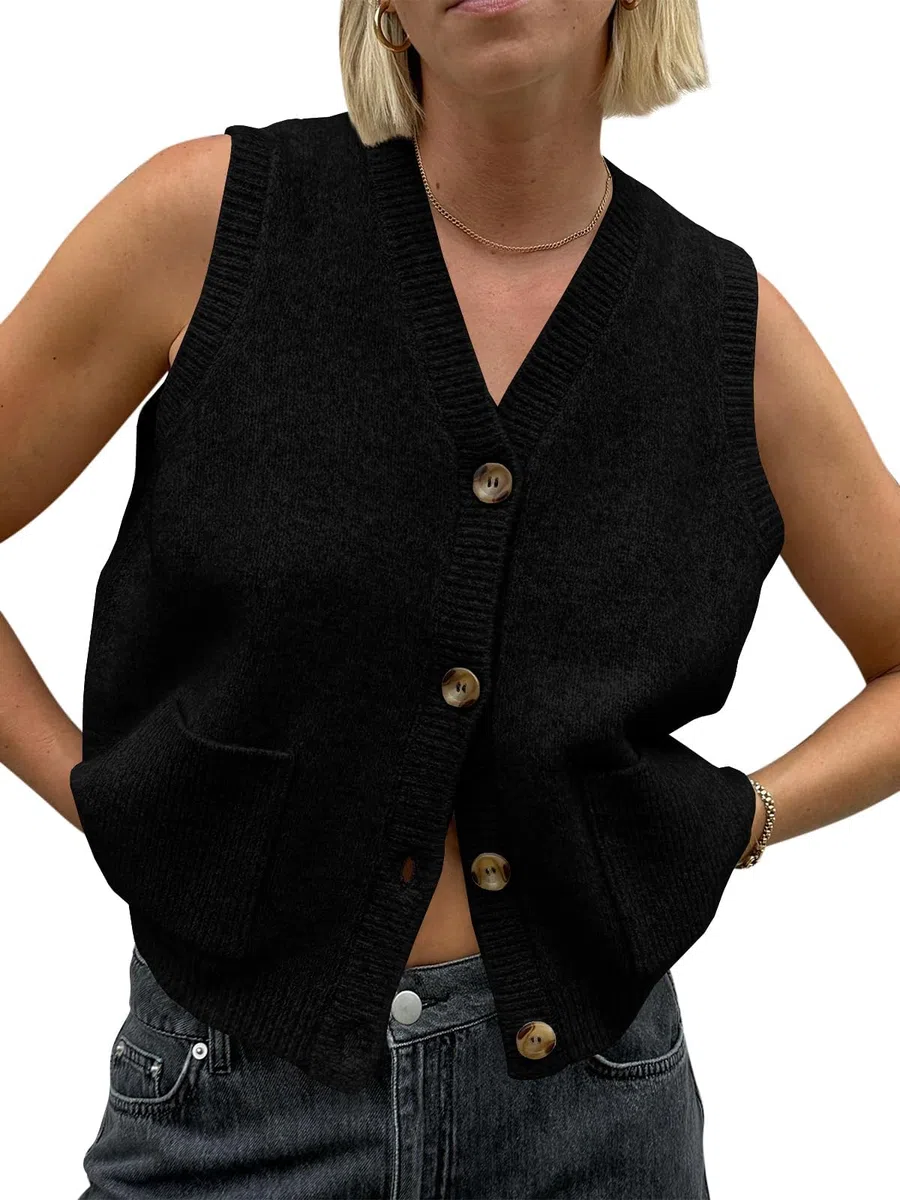 Saodimallsu Gilet da donna senza maniche, vestibilità comoda, con bottoni, collo a V, alla moda, casual, con tasche, Nero , M