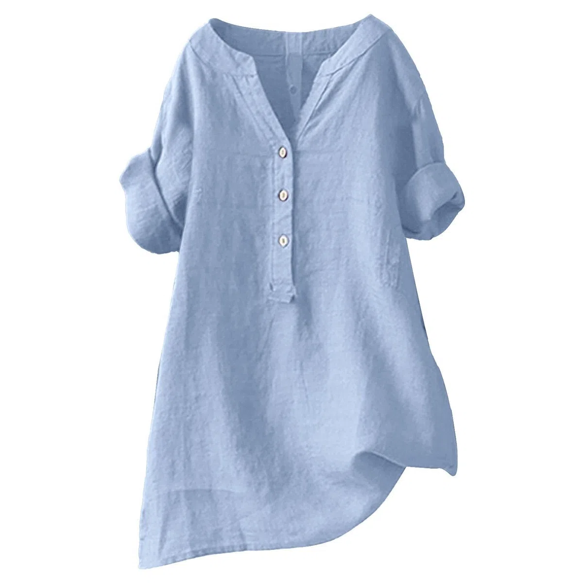 Camicie estive da donna in cotone e lino con colletto alla coreana, maniche a 3/4, garza increspata, top primaverili a tinta unita, con bottoni, maniche medie, vestiti da indossare con leggings Boho