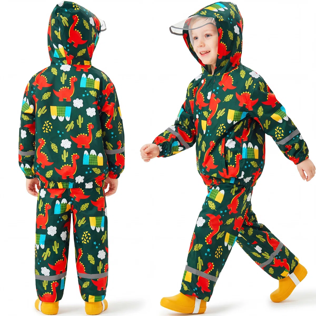 Tuta Impermeabile Ragazze, Leggero Antipioggia Giacca & Pantaloni Impermeabili con Riflettenti 2 Pezzi Set, Bambini Fodera in Rete Pioggia Completo Abbigliamento per Bambina 1-7 anni