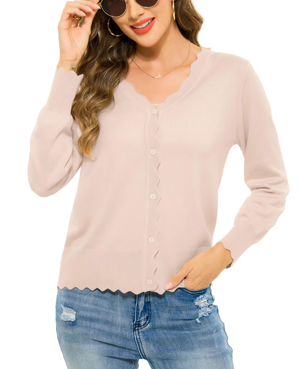 Lovasy Cardigan con Bottoni Donna Corto Giacca in Maglia Elegante Curvy a Maniche Lunghe Golfino con Scollo a V Aperto Davanti Cardigan Leggero ed Traspirante