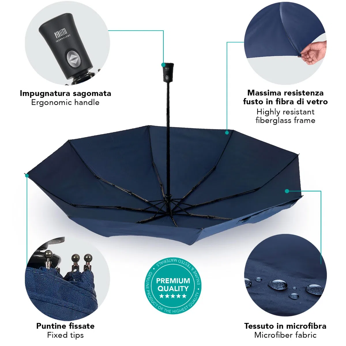 PERLETTI Ombrello Pieghevole Antivento Uomo - Ombrellino Compatto Resistente Ultra Leggero Adulto - Ombrello Apertura e Chiusura Automatica da Viaggio - Diametro 104 cm