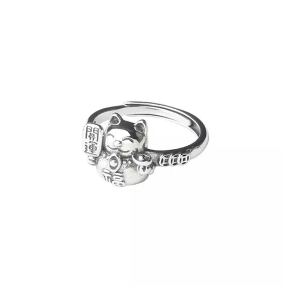 1PC Anello Regolabile Maneki-Neko con Gatto della Fortuna in Argento Antico-8