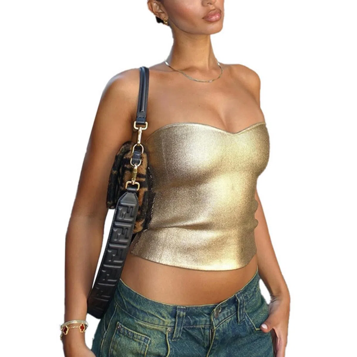 Donne Tops tubolari in PU,Tops bandeau senza spalline in pelle dorata, corpetti aderenti spalle nude, maglia metallici lucidi per feste club, maglia base casuali elasticizzati senza per rave festival