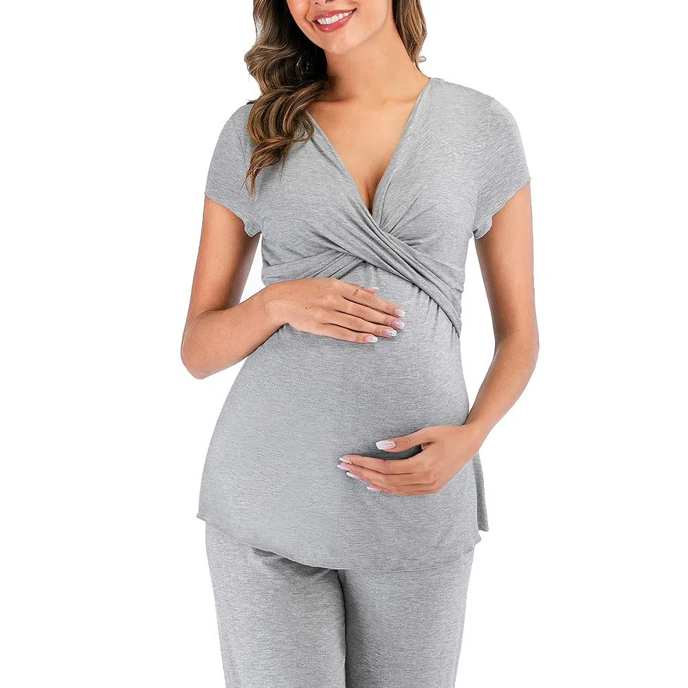 rismart Due Pezzi Pigiama Premaman Donna Camicia da Notte Allattamento Maniche Corte Magliette e Pantaloni Set