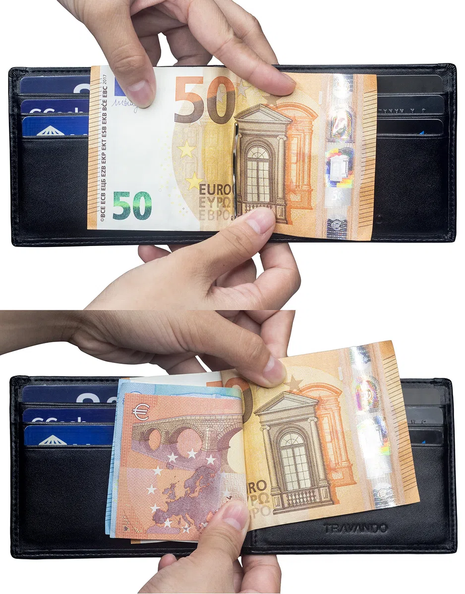TRAVANDO Portafoglio uomo con protezione RFID VIENNA Porta carte di credito con clip per contanti Porta tessere slim tascabile Porta documenti piccole Raccoglitore tessere banconote sottile Regalo