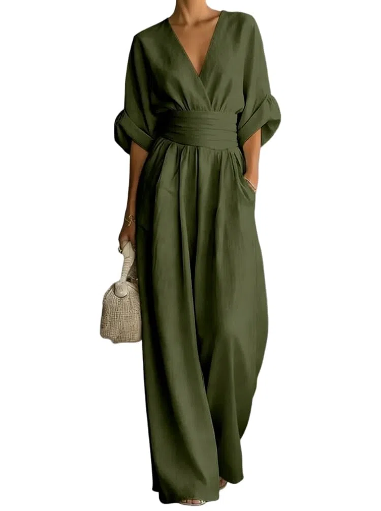 shownicer Tuta da Donna Scollo a V Manica a 3/4 Monopezzi e Tutine Tinta Unita Gamba Larga Playsuit