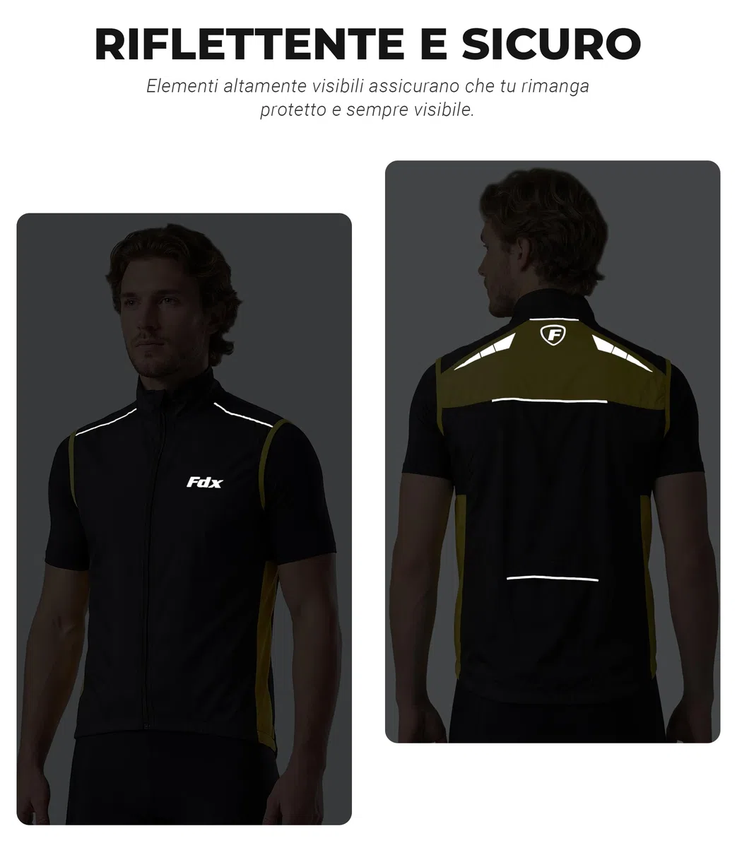 FDX Gilet ciclismo uomo leggero, traspirante, senza maniche, riflettente, antivento e idrorepellente, ideale per bici, corsa, MTB, escursionismo e fitness