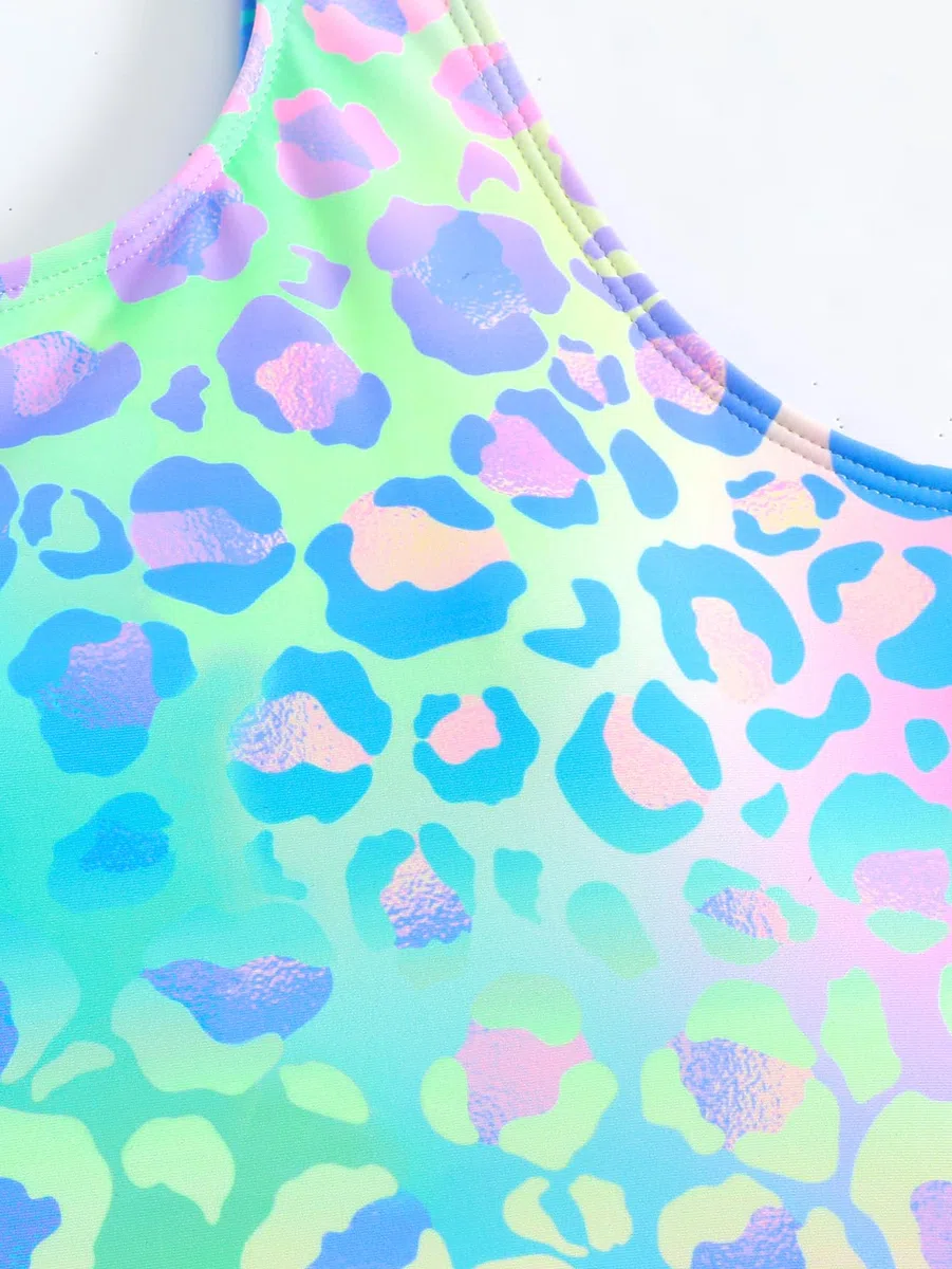 JiAmy Costume da bagno intero per ragazze, con motivo leopardato sfumato e sirena, elasticizzato, senza maniche, per bambine da 6 a 13 anni