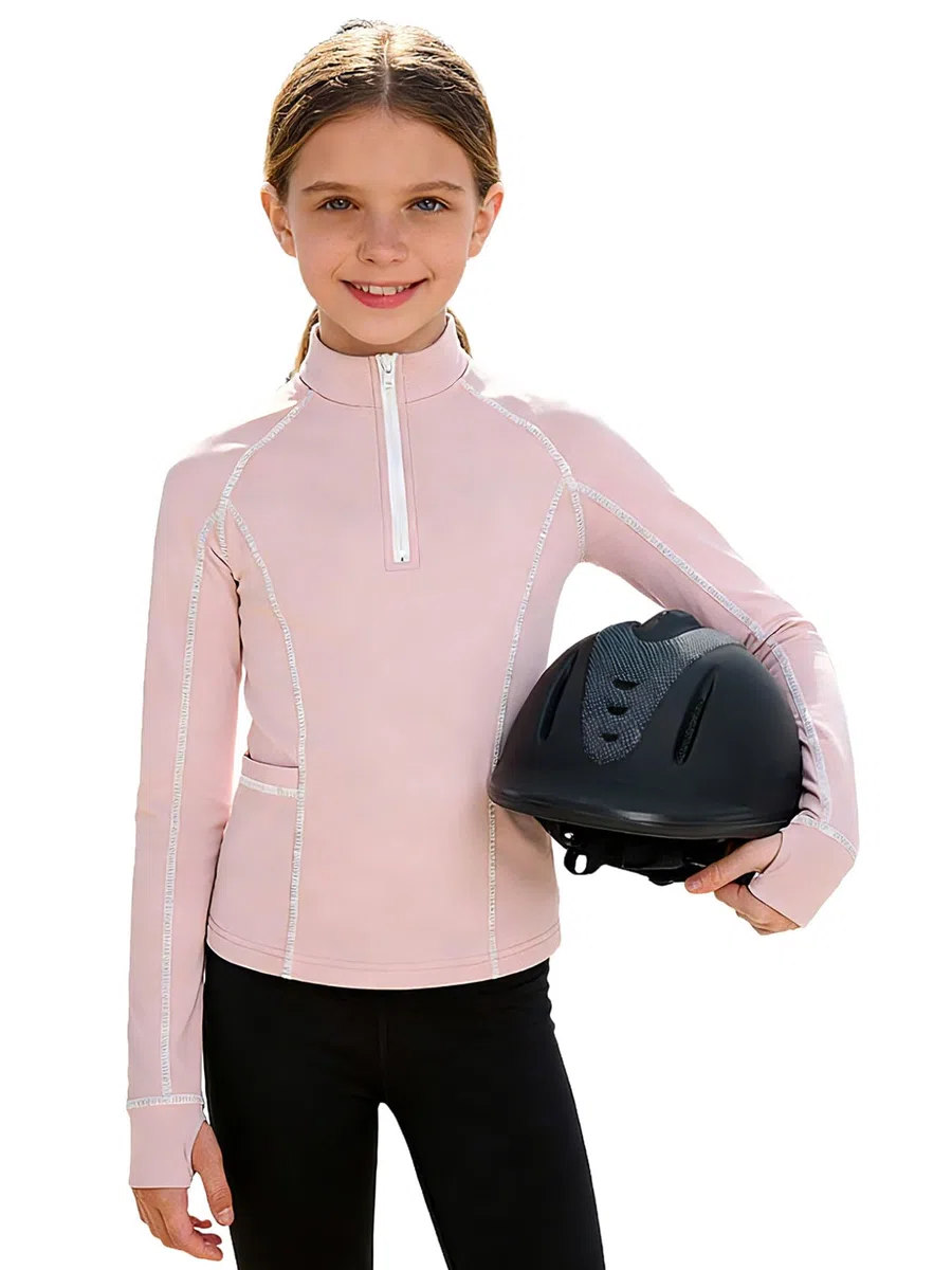 Freebily Maglietta Sportiva da Equitazione Bambina Top Equestre Maniche Lunghe Maglia da Torneo Collo Alto T-Shirt Concorso Camicie da Spettacolo Equestre