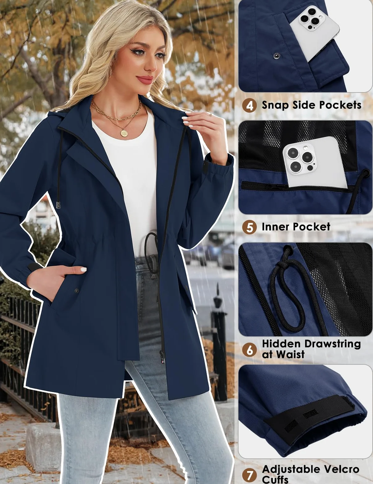 Tuopuda Giacca da Pioggia da Donna Lungo Cappuccio Impermeabile Antipioggia Donna Giacca a Vento Cappuccio Mantella Leggera Poncho Impermeabile per Campeggio all'aperto Escursionismo