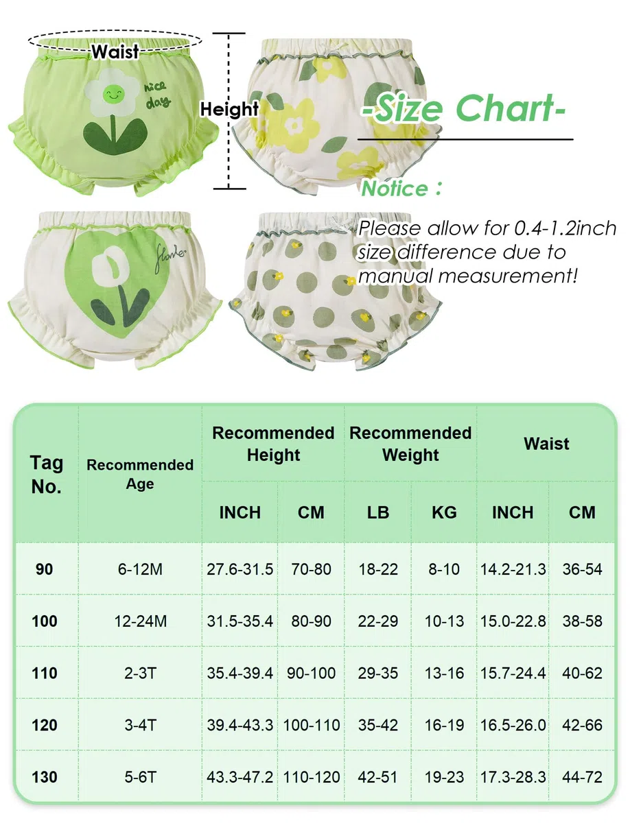 Set di 4 Slip per Bambini, Slip Elastici con Volant Traspiranti, Pantaloncini a Vita Alta per Pannolini, Pantaloncini Bloomer per Bambini, Biancheria Intima Morbida, 6 Mesi-4 Anni