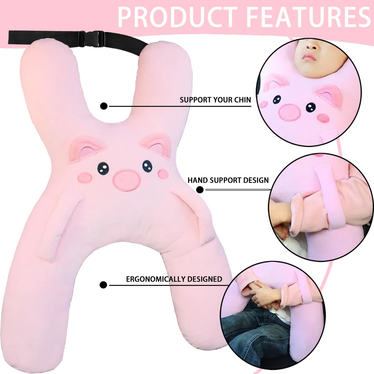 Cuscino a forma di H, per auto, bambini, per bambini, per il sonno, adatto per viaggi, auto, aereo, treno, semovente (rosa)