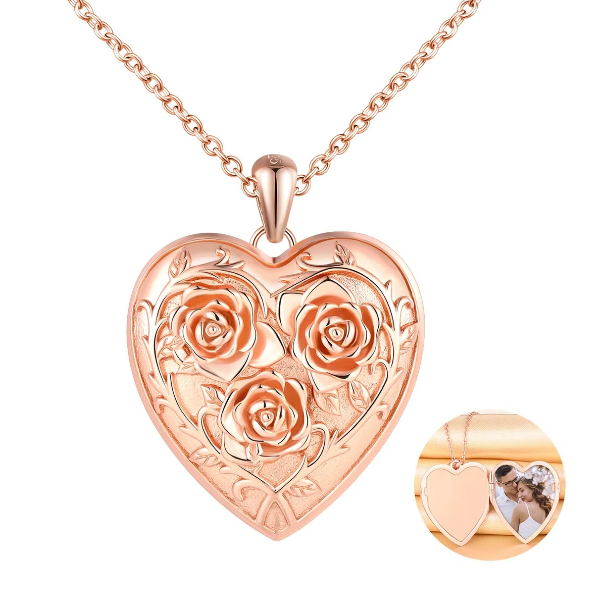 Collana Rose Foto Personalizzata Medaglione Cuore in Argento 925 per Donna Ragazza, Ciondolo Cuore con Tre Rose, Regalo Gioiello Portafoto per Fidanzata Madre Figlia