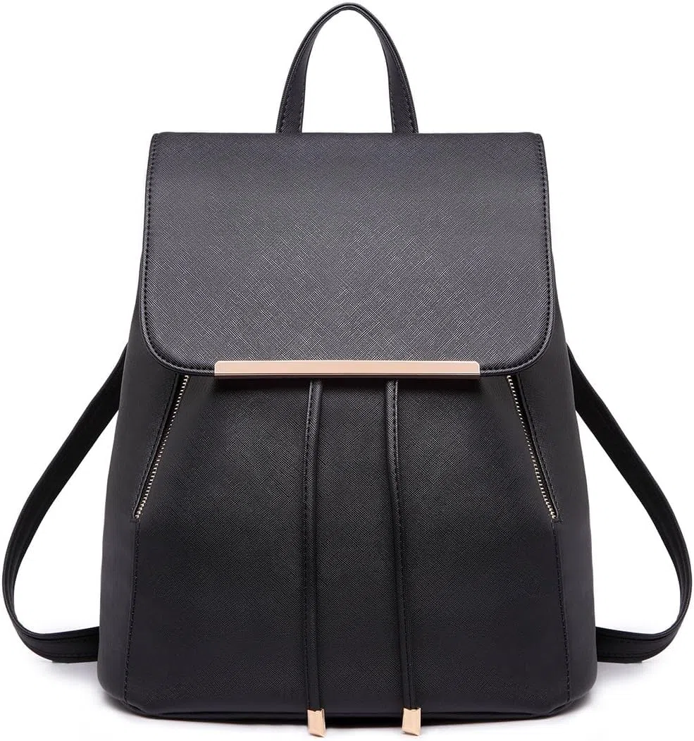 Miss Lulu Zaino Donna, Shell con Coulisse Borsa Zainetto Nero, Zaini Elegante PU Pelle Impermeabile, Medio Antifurto Scuola Lavoro Viaggio Università
