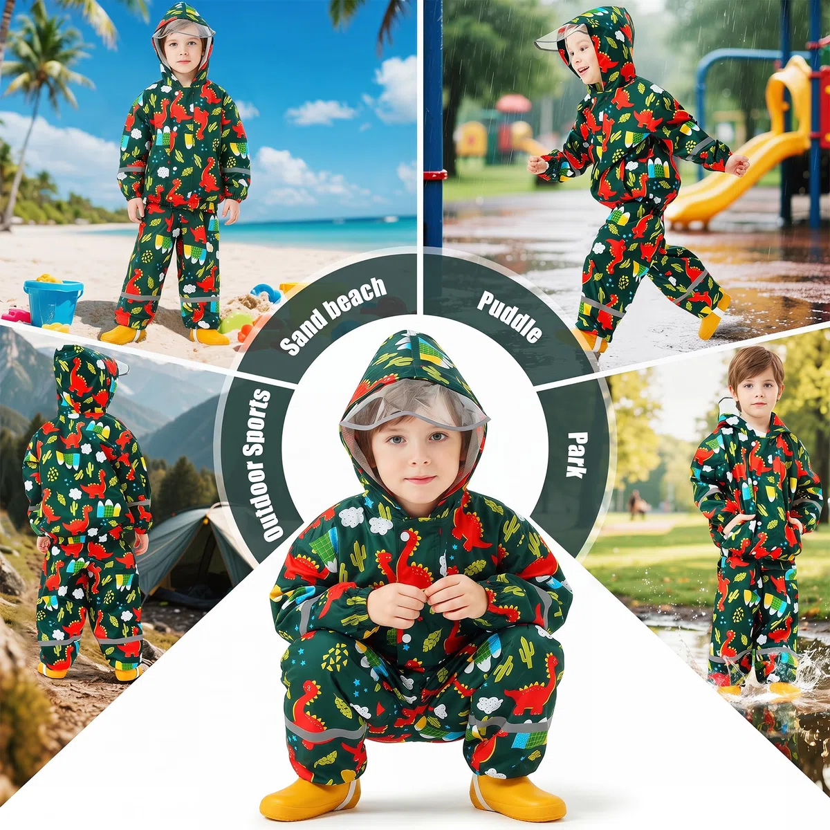 Tuta Impermeabile Ragazze, Leggero Antipioggia Giacca & Pantaloni Impermeabili con Riflettenti 2 Pezzi Set, Bambini Fodera in Rete Pioggia Completo Abbigliamento per Bambina 1-7 anni