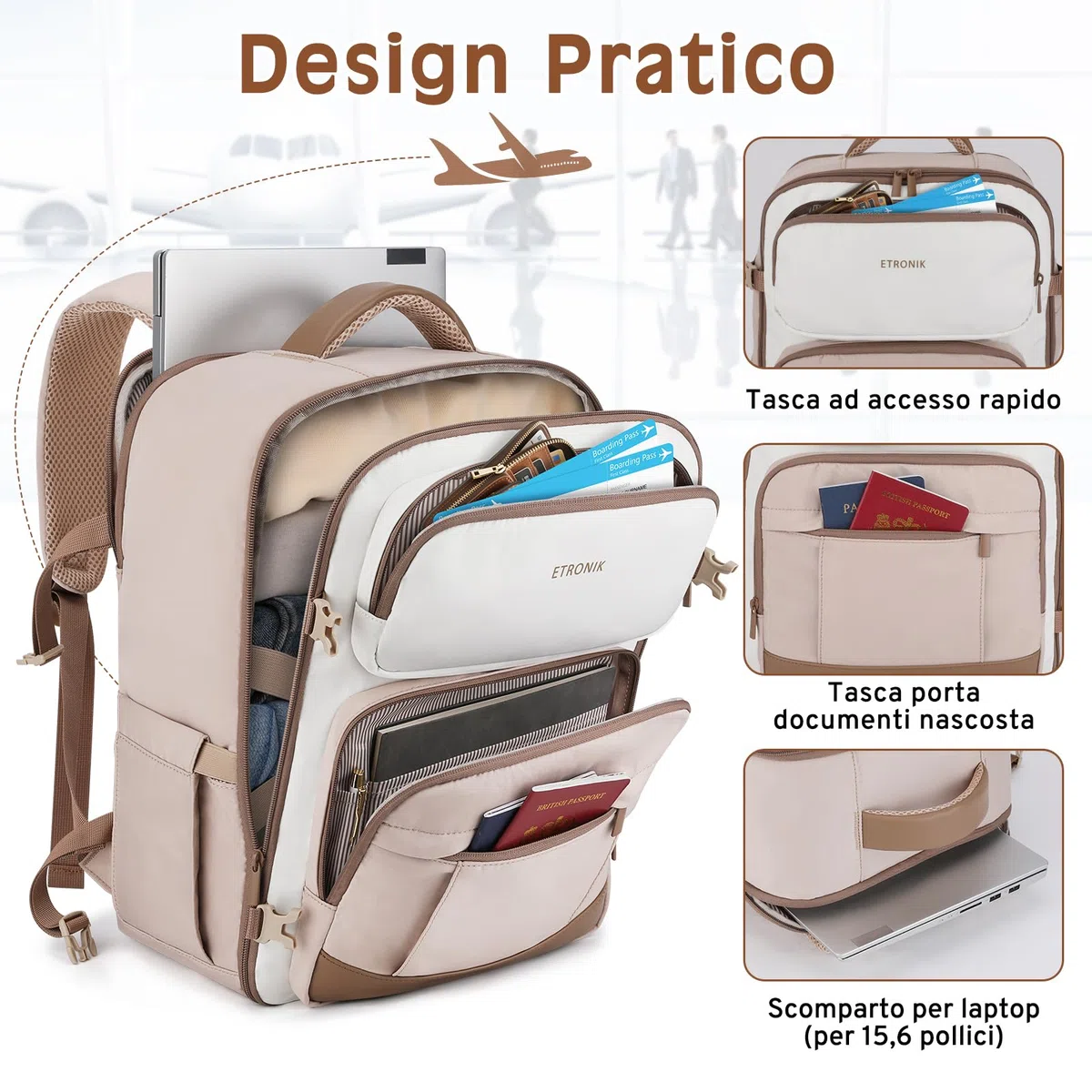 ETRONIK Zaino Ryanair 40x30x20, 24L Zaino Da Viaggio Con Numerose Tasche, Zaino PC Impermeabile Per 15 PC Portatile Con Tasca Umida, Bagaglio A Mano 40X30X20 Per Easyjet ITA Airways & Volotea
