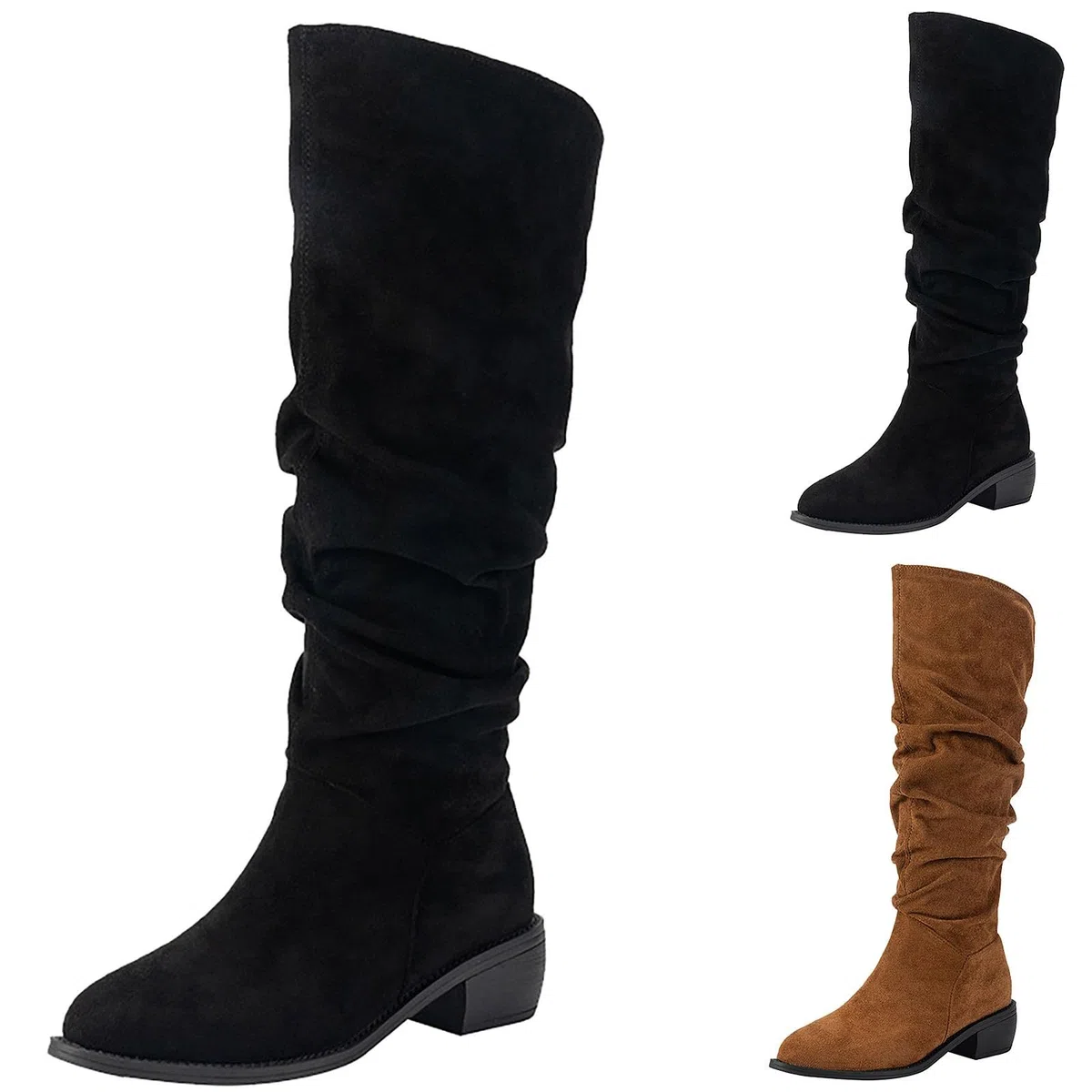 Generisch Stivali alti da donna con tacco alto al ginocchio | tacco basso a punta svasata a punta lunga | Eleganti stivali alla moda in pelle scamosciata stivali invernali da donna