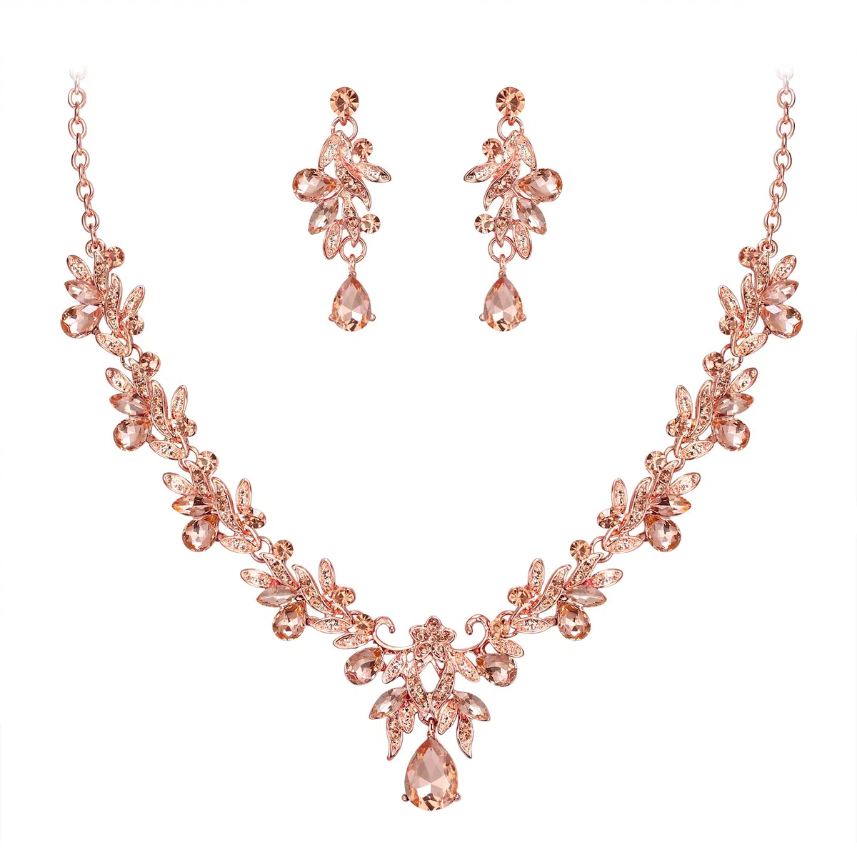 Costume Jewellery Set per Prom Party Goccia Foglia Strass Cristalli Ciondolo Collana e Orecchini Pendenti