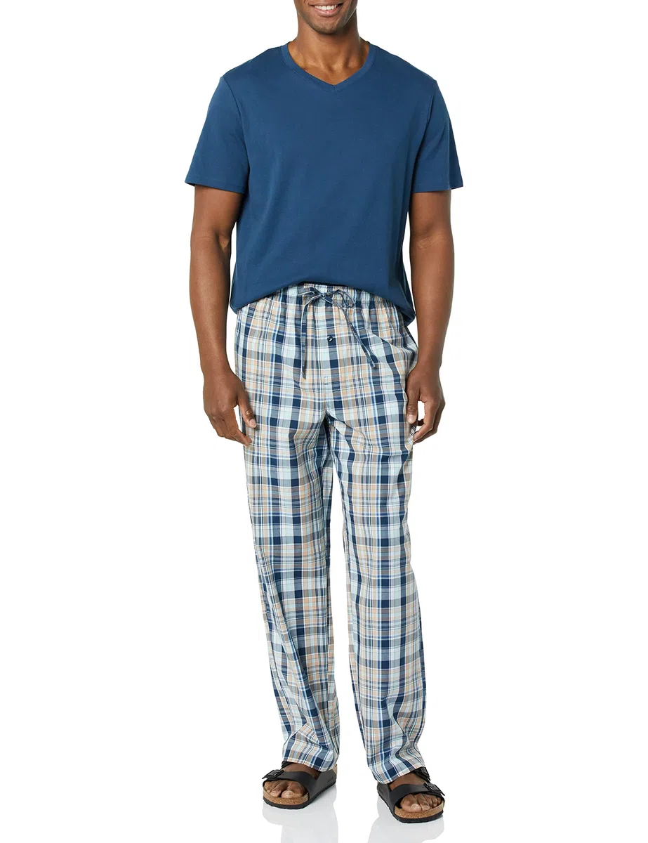 Amazon Essentials Set Pigiama con Pantaloni in Popeline di Cotone Elasticizzato e T-Shirt in Jersey di Cotone Uomo
