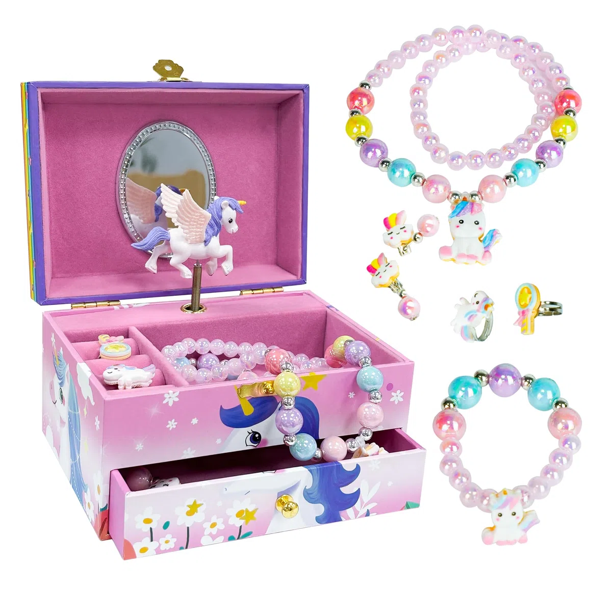 ADEL DREAM contenitore musicale con unicorno con ali d'angelo musicali regalo per bambini unicorno rosa a due strati set di accessori da 5 pezzi