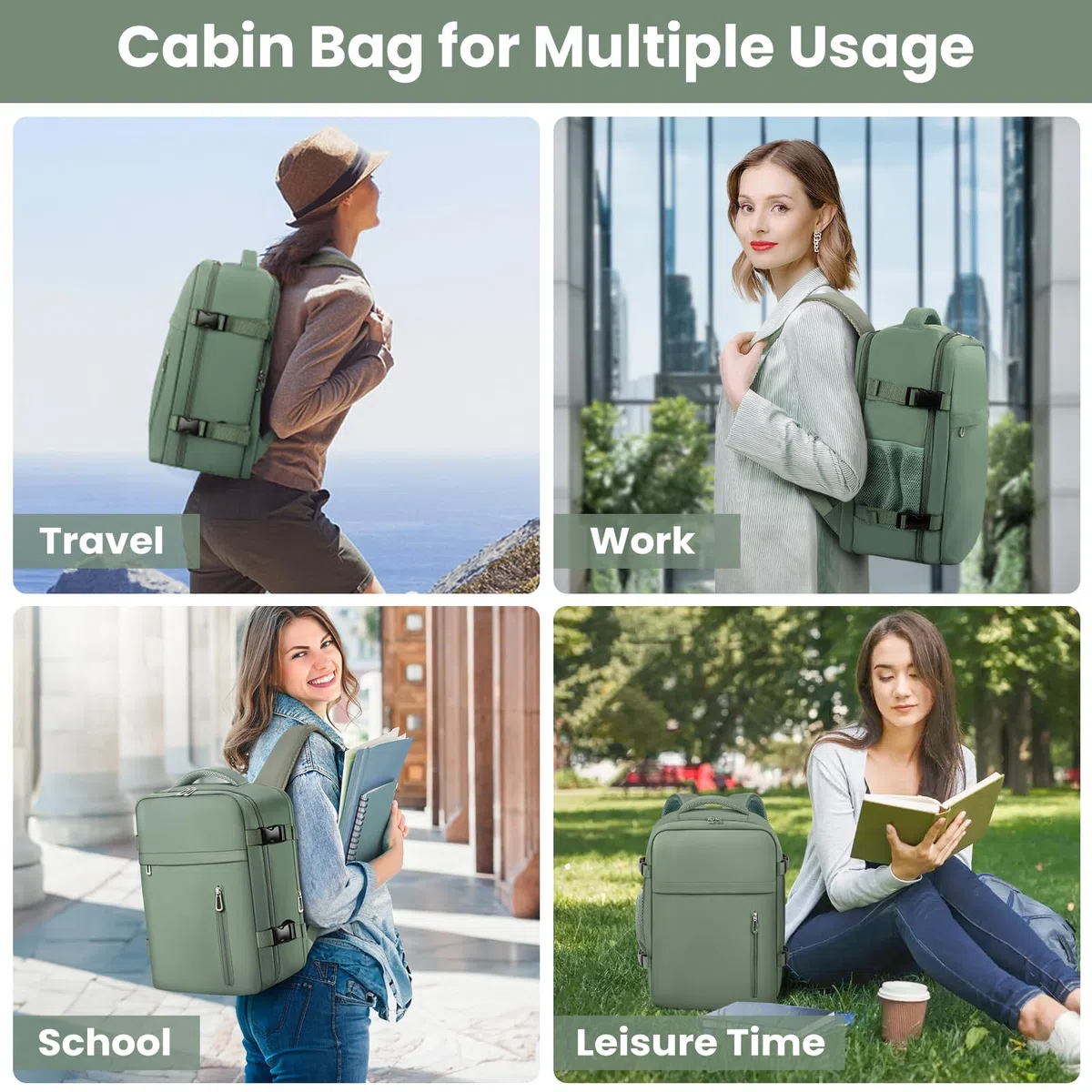 OTAHGK Zaino da Viaggio 40 × 30 × 20 per Ryanair, Bagaglio a Mano Sotto il Sedile Aereo Borsa da Cabina Voli Zaini Casual Valigia Ufficio Scolastico Lavoro Borse Adatto a Laptop da 14 pollici-Verde