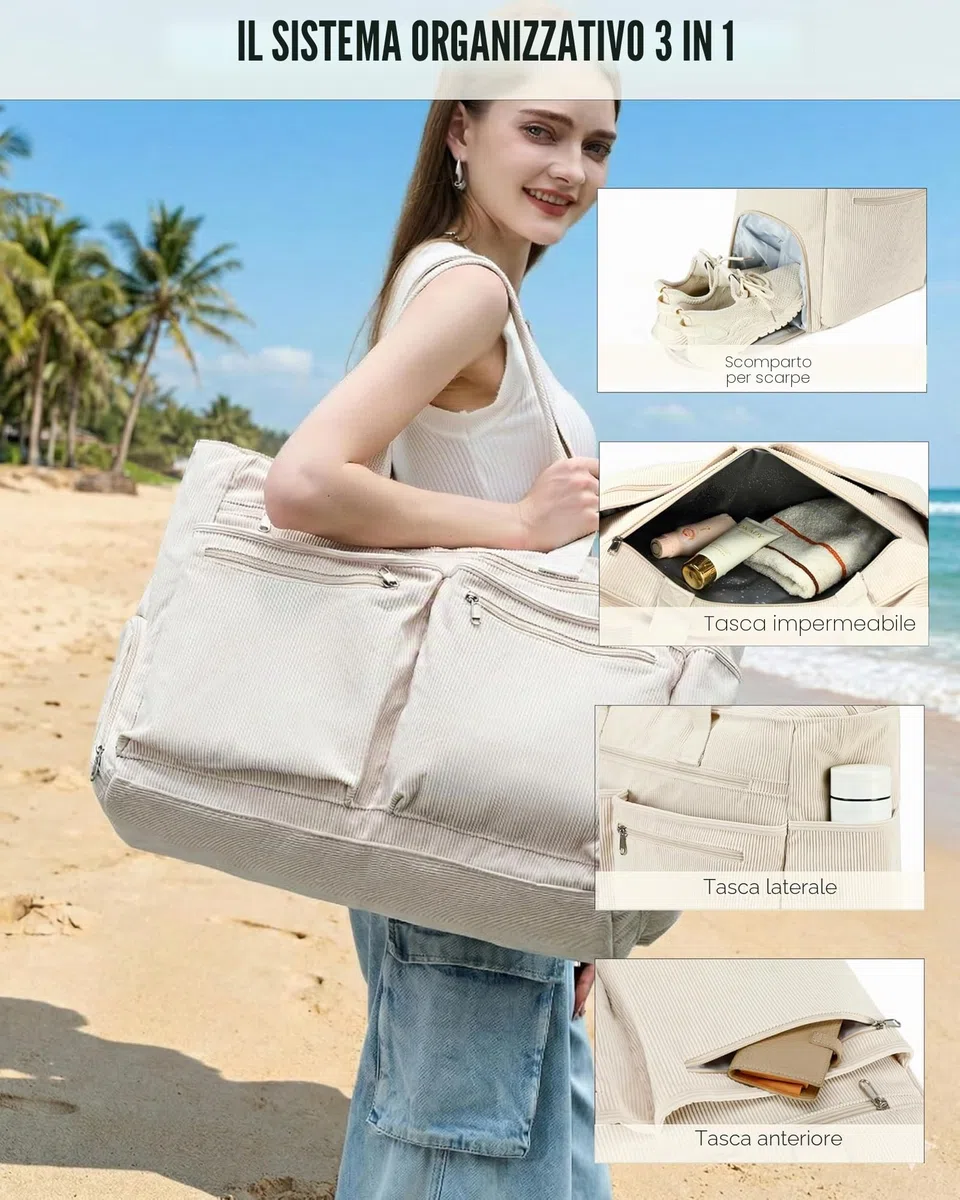 Makukke Borsa Da Spiaggia XXL, Beach Bag Grande con Scomparto, Weekender da Donna Pieghevole e Ultraleggera con Cerniera per Viaggi Vacanze Palestra (Grigio-Velluto a Coste)