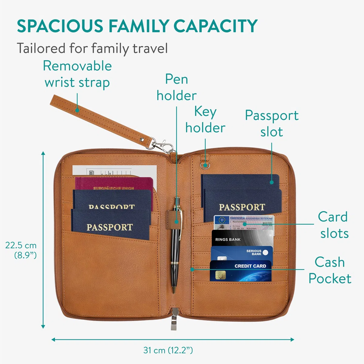 Navaris Porta Documenti da Viaggio - Passport Holder - Travel Wallet - Portadocumenti - Custodia Porta Passaporto e Carte - Portafoglio per Famiglie - Pelle PU Marrone Impermeabile