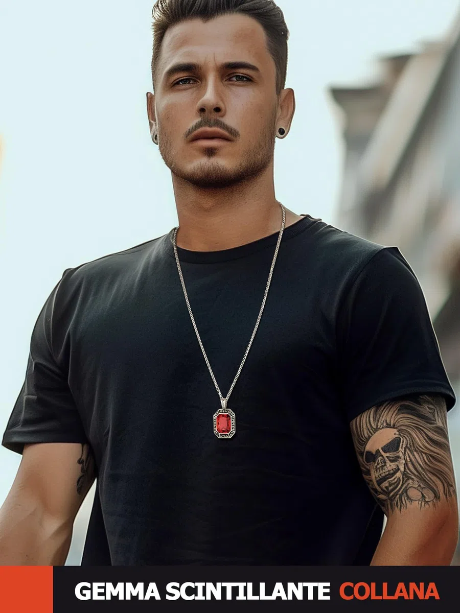 FaithHeart Collana Uomo Vichingo Pendentivo in Ottagono Cristallo Rosso Smeraldo Ossidiana con Rune Vichinghe Accessorio Moda Unico Perfetto per Regalo Stile Personale