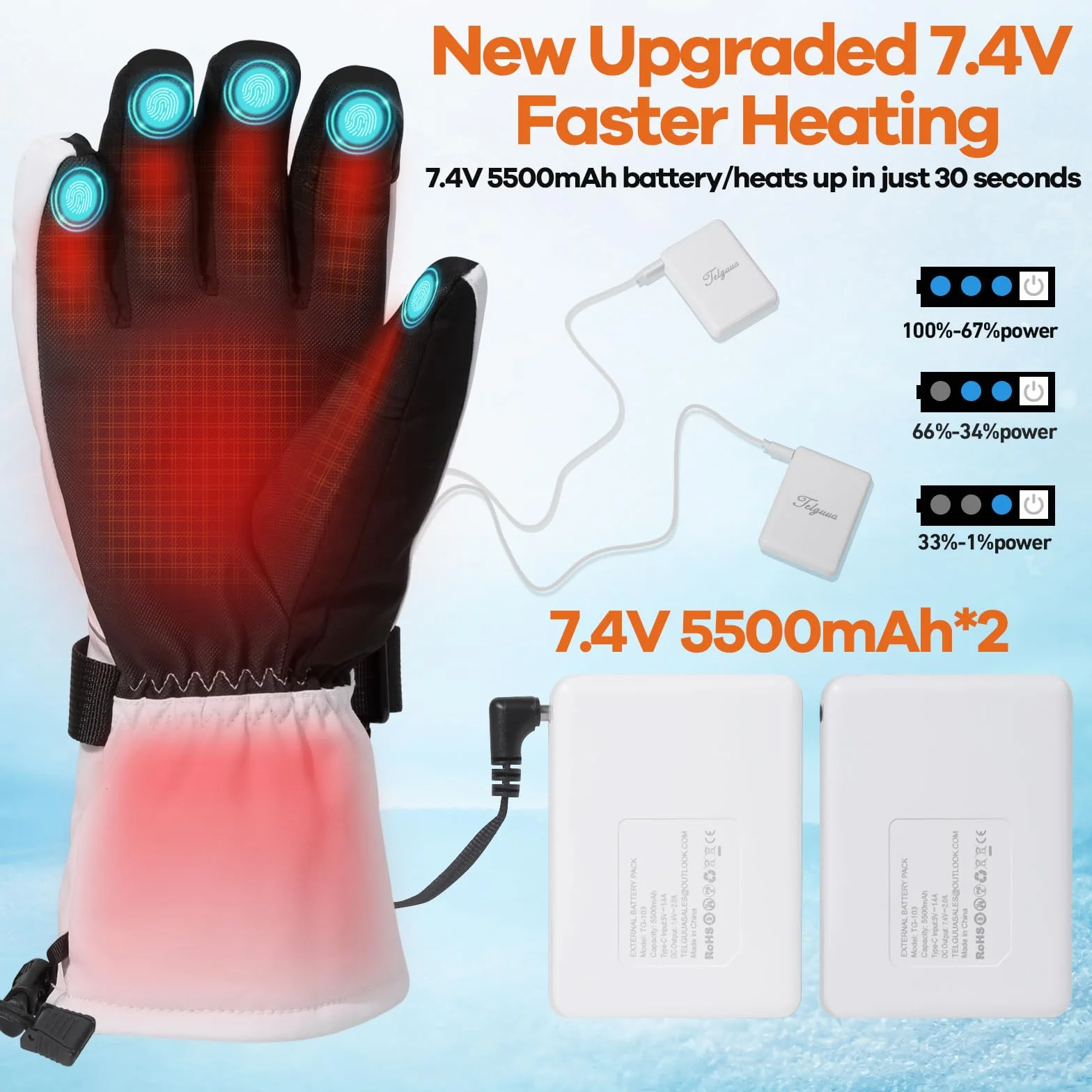 Telguua Guanti Riscaldati per Uomini Donne,7.4V 5500mAh Ricaricabili Guanti Riscaldanti Elettrici 3 Livelli di Riscaldamento Scaldamani Touchscreen Con Riscaldamento Dita per Moto Sci