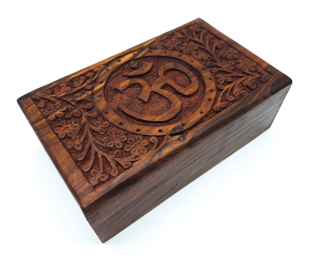 Scatola in legno fatta a mano, misura L, con simbolo Mantra Om Aum, ideale come regalo, spiritualità Lifestyle India (taglia L 20 x 12,5 x 7 cm, peso circa 600 g)