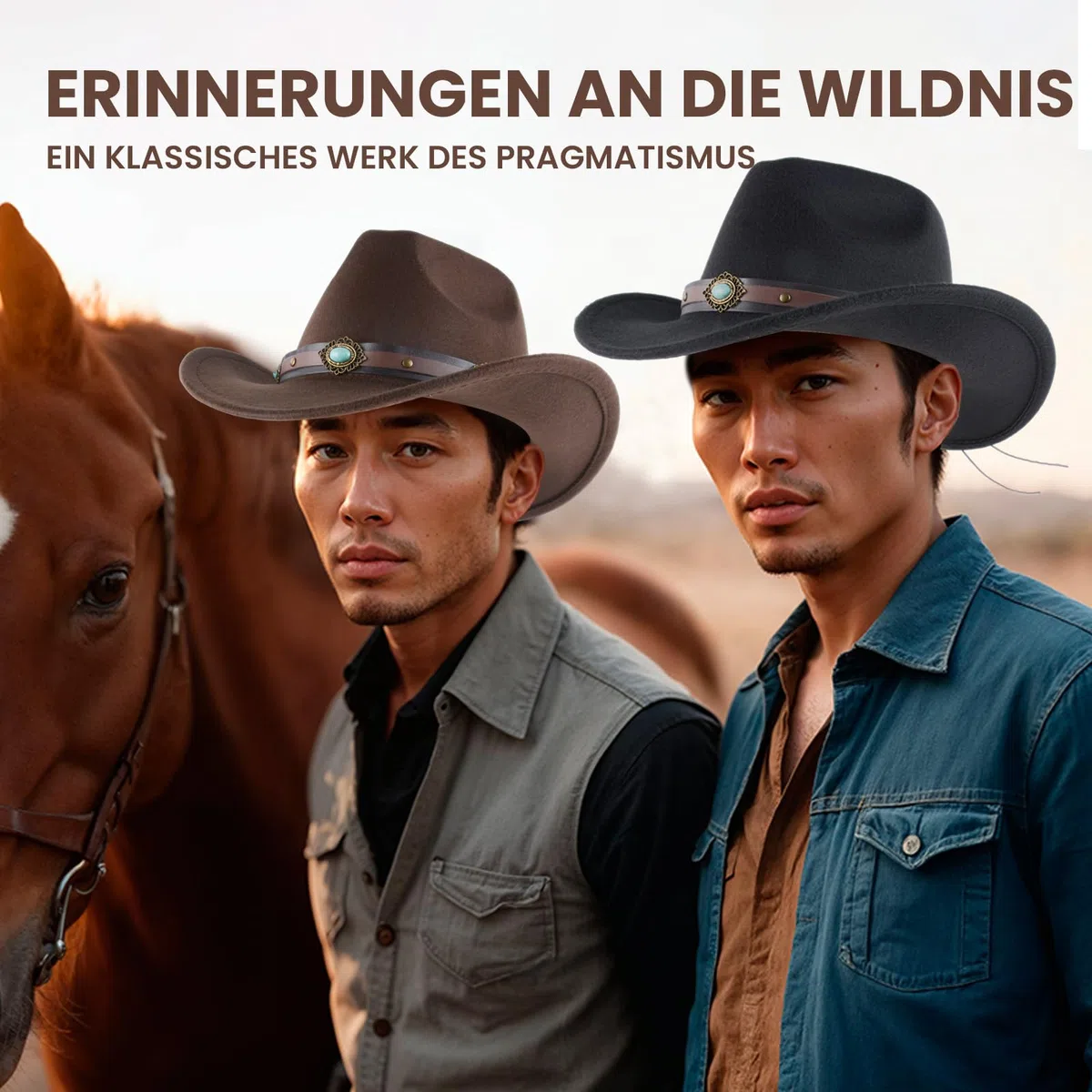 2 cappelli classici in lana da cowboy per uomini e donne, autunno-inverno, stile occidentale, cappello in feltro con cinghia, design decorativo in zaffiro, per esterni (caffè+nero)