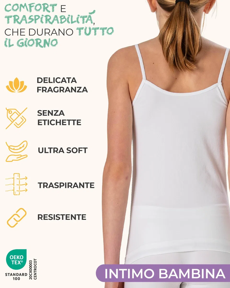 Risalti Canotta Bambina Microfibra Spalla Stretta 3 Pz - Canottiera Bimba Elegante, Caraco Senza Cuciture ed Etichette, Top Intimo più Morbido delle Canottiere Bimba Cotone - Made in Italy