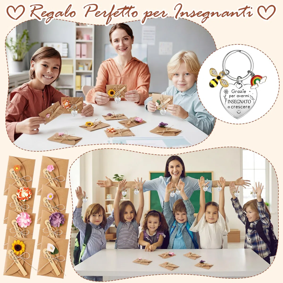 8 Sets Regali di Ringraziamento per Insegnanti 8 Portachiavi Api Arcobaleni in Metallo 8 Buste di Fiori Secchi con Biglietti di Auguri per Maestra Laurea Scuola Addio Giorno degli Insegnanti