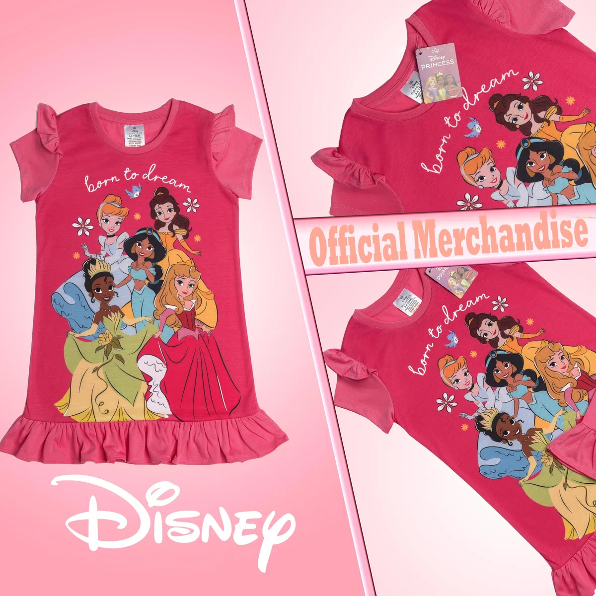 Disney Camicia da notte da bambina, con volant, Cenerentola, Belle Tiana, Jasmine Aurora, pigiama da notte