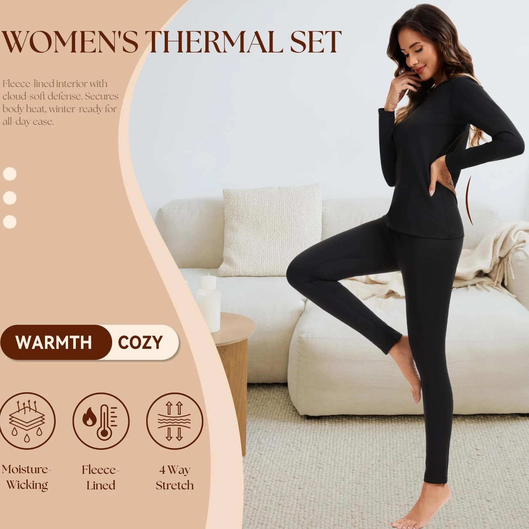AMZSPORT Donna Set Termico Intimo Completo, Biancheria Termica Funzionale per Sci e Invernale, Maglia a Lunga Manica & Pantaloni Base Traspirante