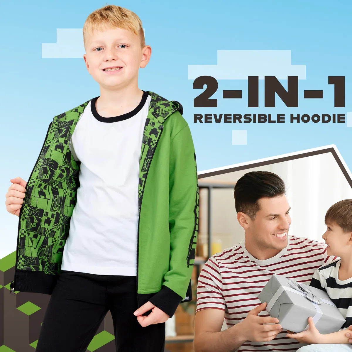 MINECRAFT Felpa Bambino - Felpa con Cappuccio e Zip in Cotone Misto 5-14 Anni Felpe Ragazzo Reversibili Gadget Regali per Gamer
