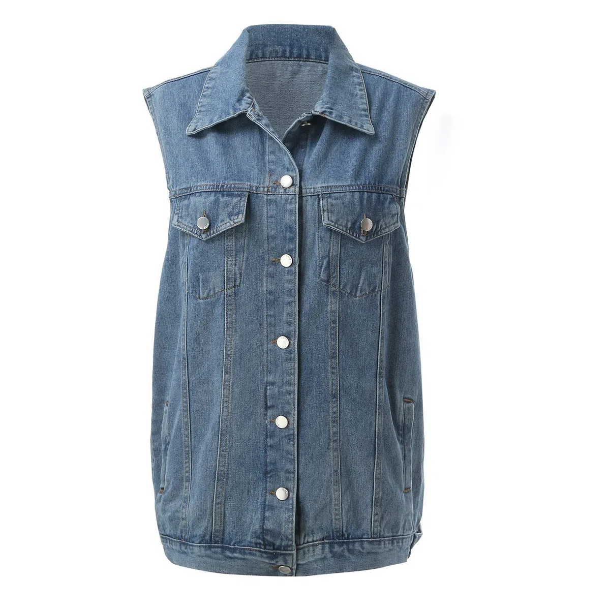 Gilet lungo in jeans, da donna, senza maniche, oversize, boyfriend, denim, per la transizione, per il tempo libero, estivo, per il tempo libero