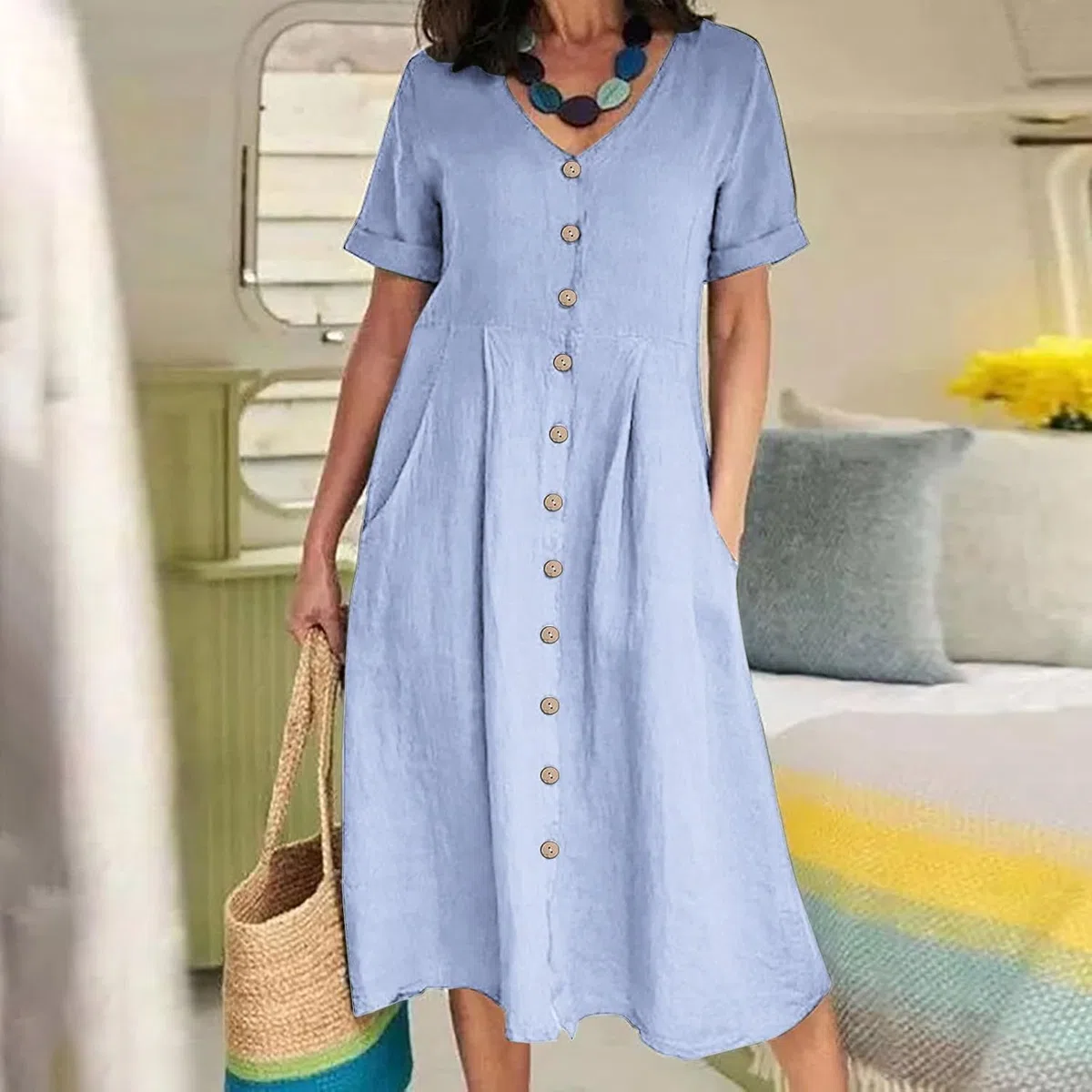 Abito da Donna in Cotone e Lino con Bottoni, Maxi Abito Casual con Scollo a V e Maniche Corte, Tinta Unita, Leggero, Ampio, con Tasca