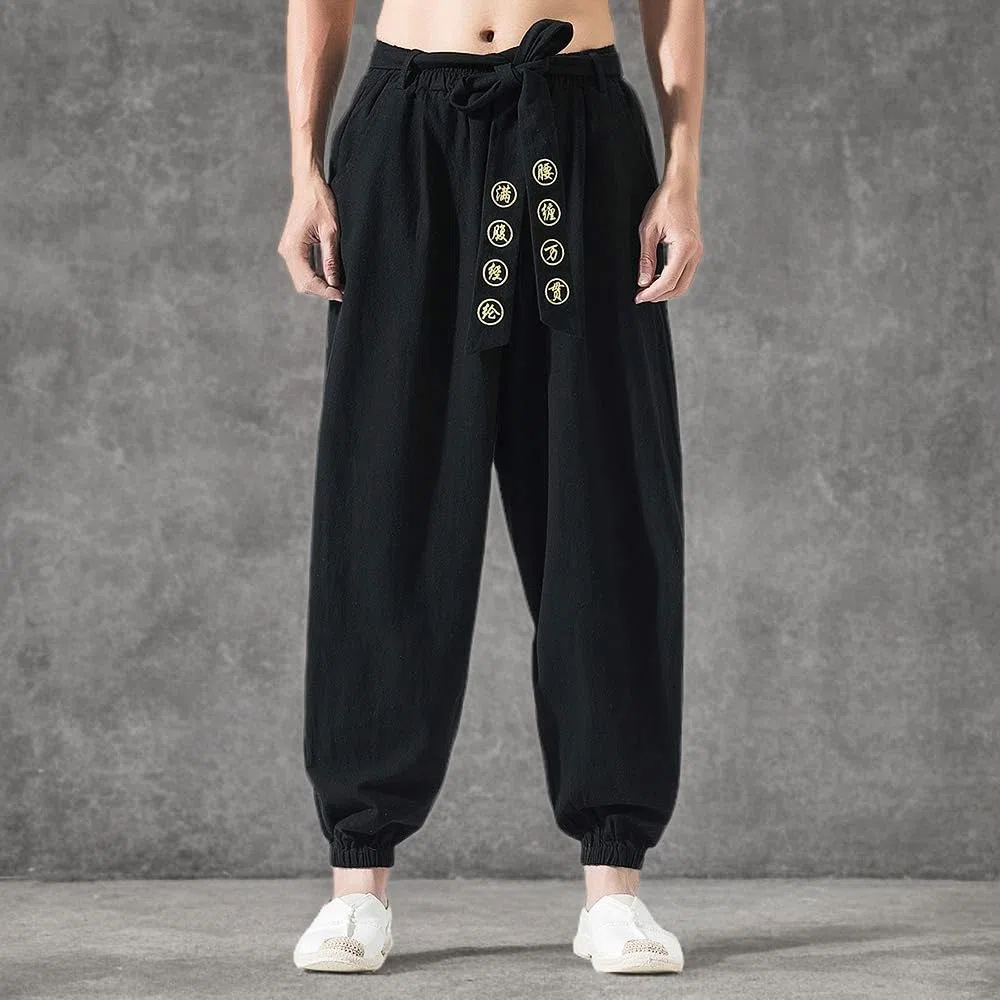 HAORUN Pantaloni da uomo in stile cinese Kung Fu Tai Chi pantaloni larghi in lino casual retrò gamba larga