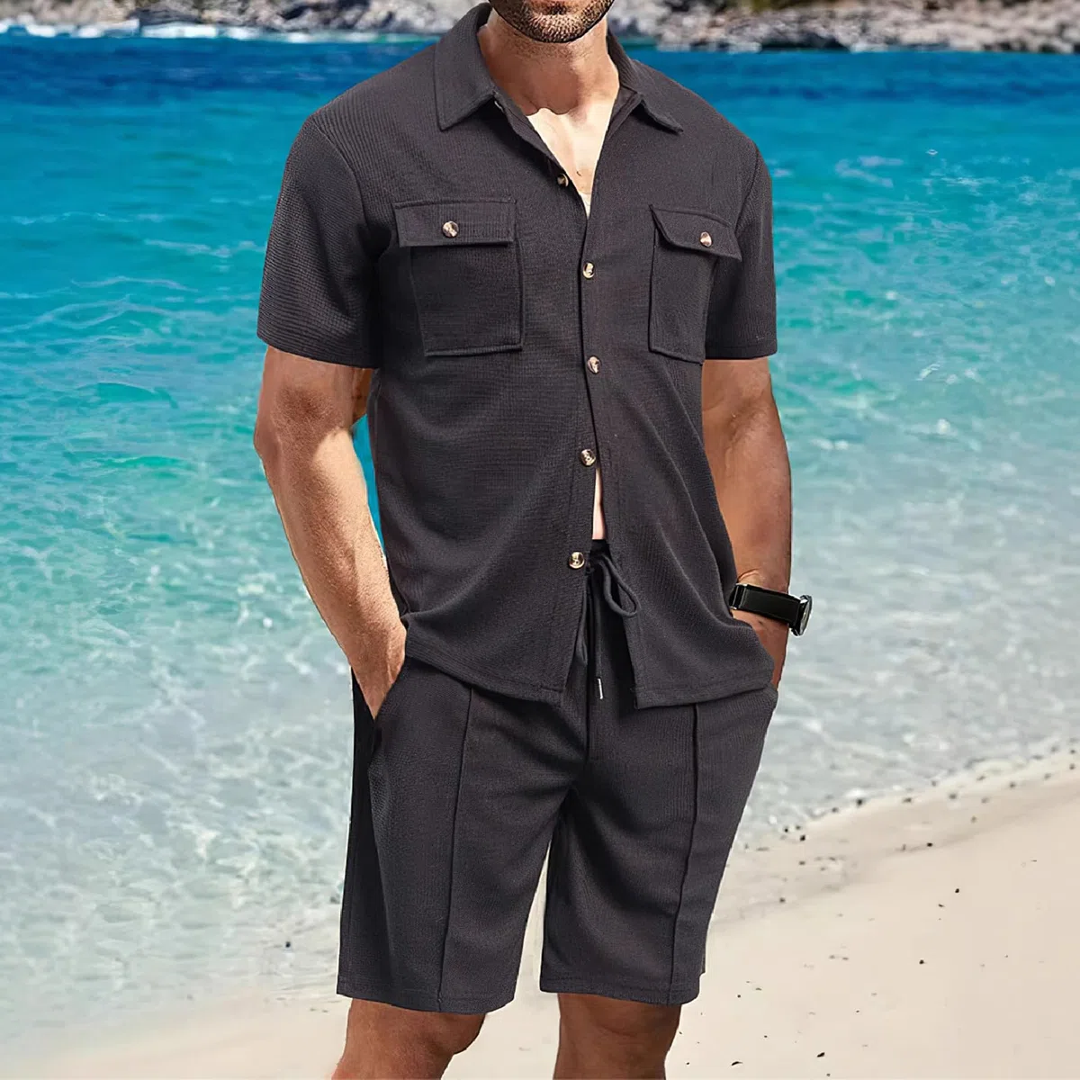 amropi Tuta Uomo Corto 2 Pezzi Waffle Maniche Corte Camicia Bottone e Pantaloncini Casual Estiva Completo