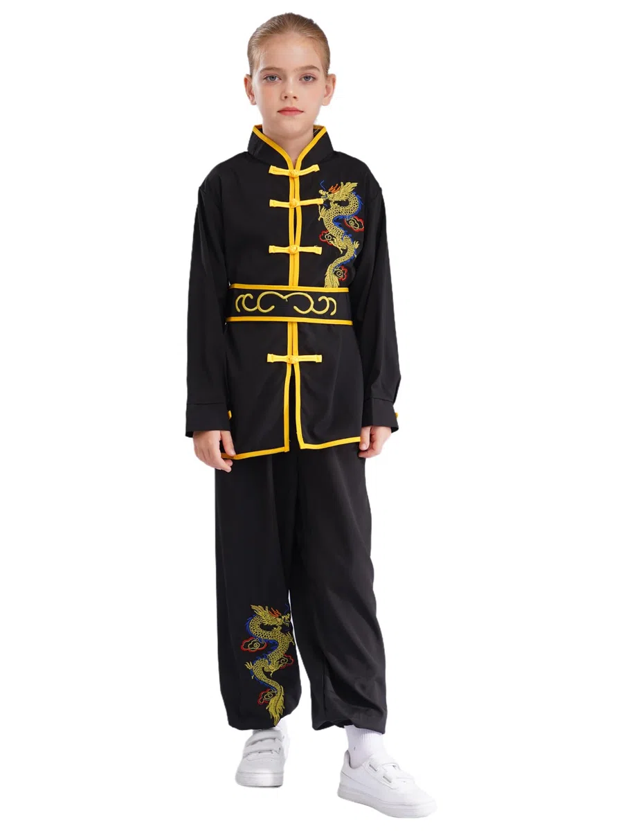 renvena Unisex Bambino Kung Fu Tai Chi Uniforme Abbigliamento per Arti Marziali Maniche Lunghe 2 Pezzi Costume Tradizionale Cinese Wushu Qigong Shaolin