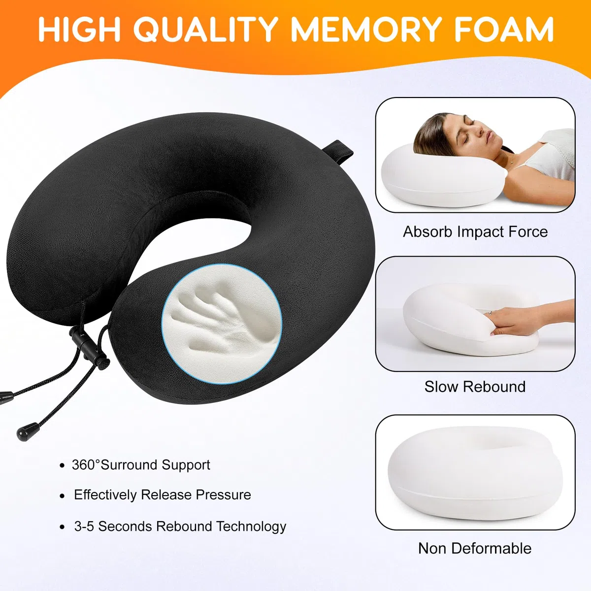 Cuscino da viaggio, Cuscino collo in memory foam, Cuscino di supporto, Cuscino Cervicale da Viaggio per Auto, Viaggio con Maschera per gli Occhi e Tappi per le Orecchie, Borsa da Viaggio (Nero)