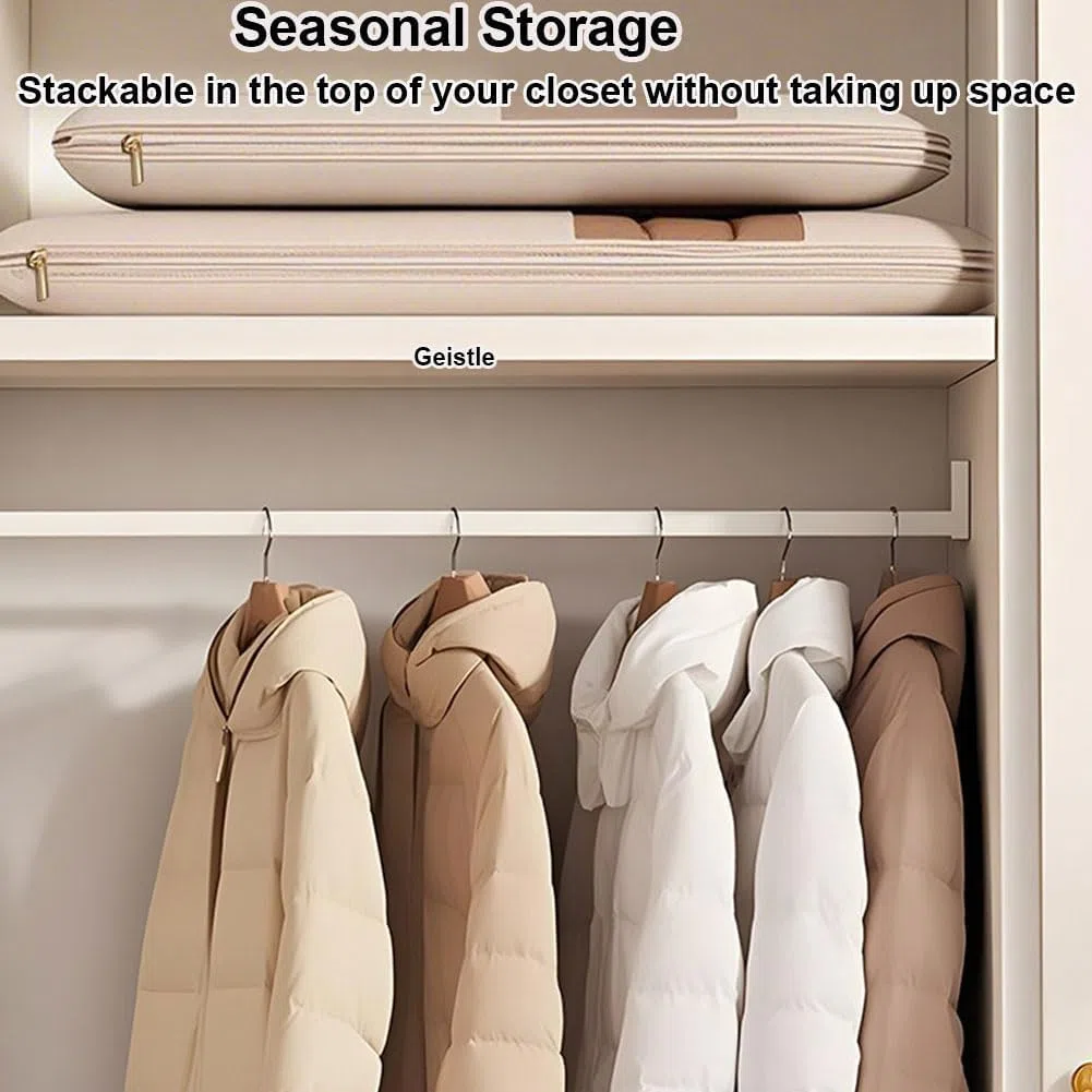 Borsa salvaspazio da appendere, con cerniera a compressione, salvaspazio, organizer per armadio per piumino, sacchetti sottovuoto (beige, (M, L, XL, 3 pezzi)
