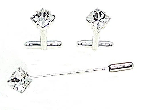 Spilla e Gemelli da Cravatta con Cristalli Quadrati Argento Anallergici, Nickel Free, Accessori da Abbigliamento Formale, Tie Pin