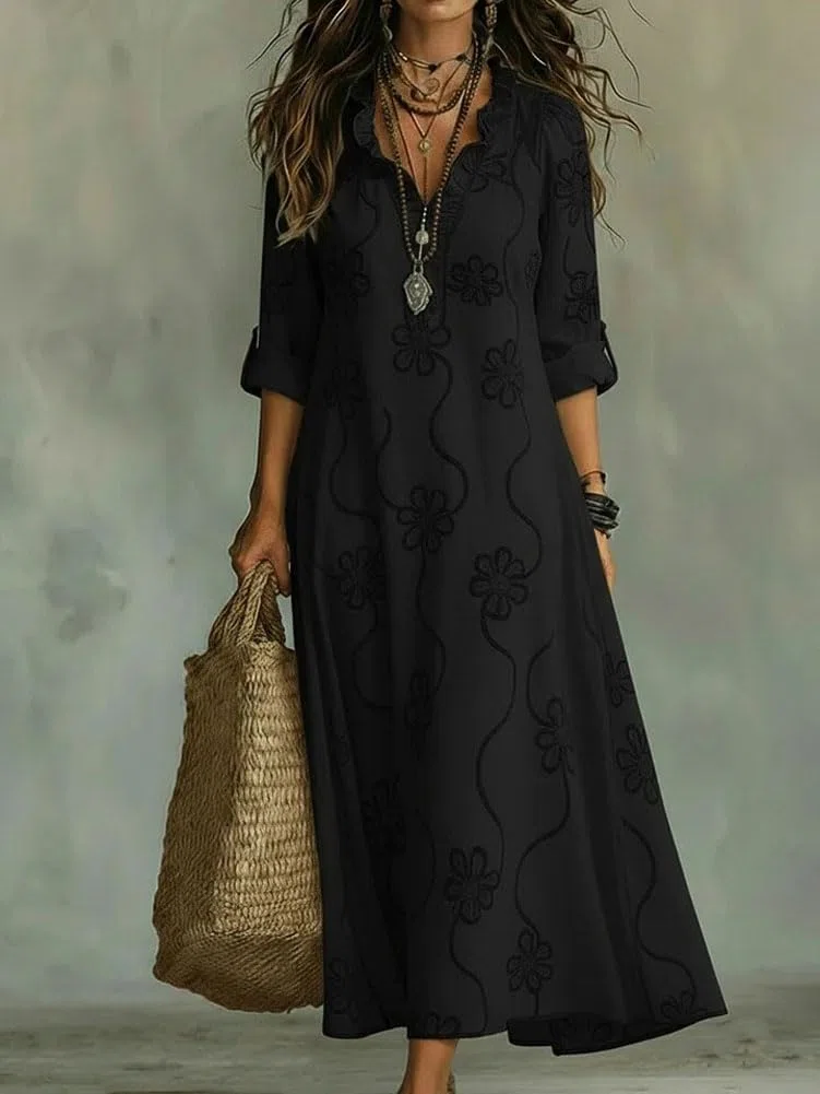 Abito Camicia Estivo da Donna in Stile Boho con Volant, Ricami Floreali e Maniche Lunghe Risvoltate—Tunica Casual Lunga da Spiaggia
